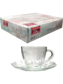 Set x6 tazas+platos vidrio labrado MILA 220cc - SET DE JUEGOS DE CAFE