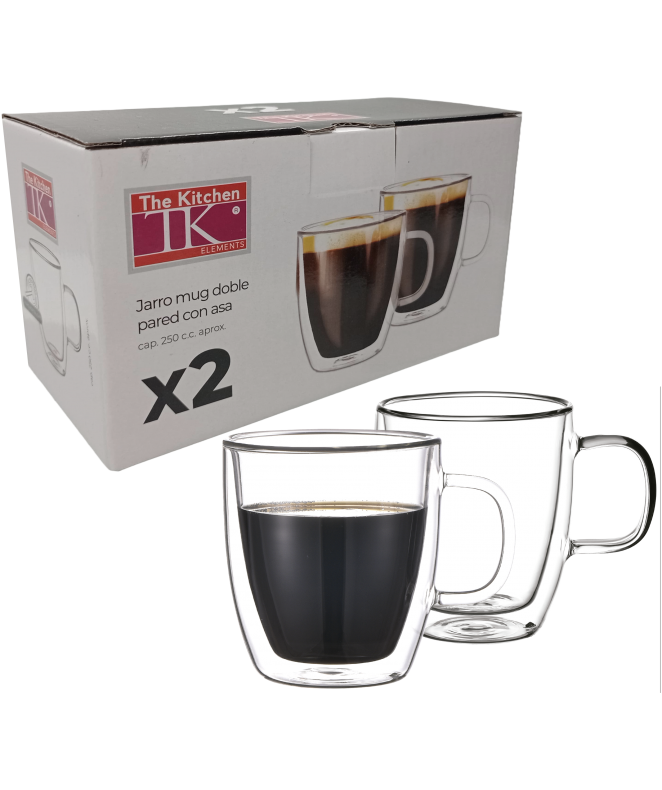 Set x2 jarros mug con asa vidrio doble pared 250cc | Soiferh Set x2 jarros mug con asa vidrio doble pared 250cc - SET DE JUEGOS DE CAFE