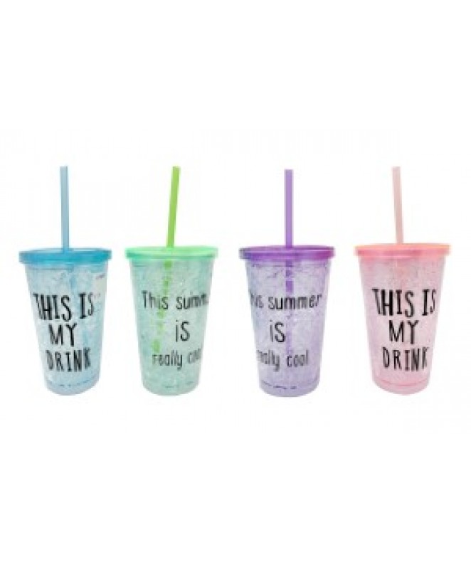 Vaso doble pared c/tapa y sorbete - Serie Frases - 