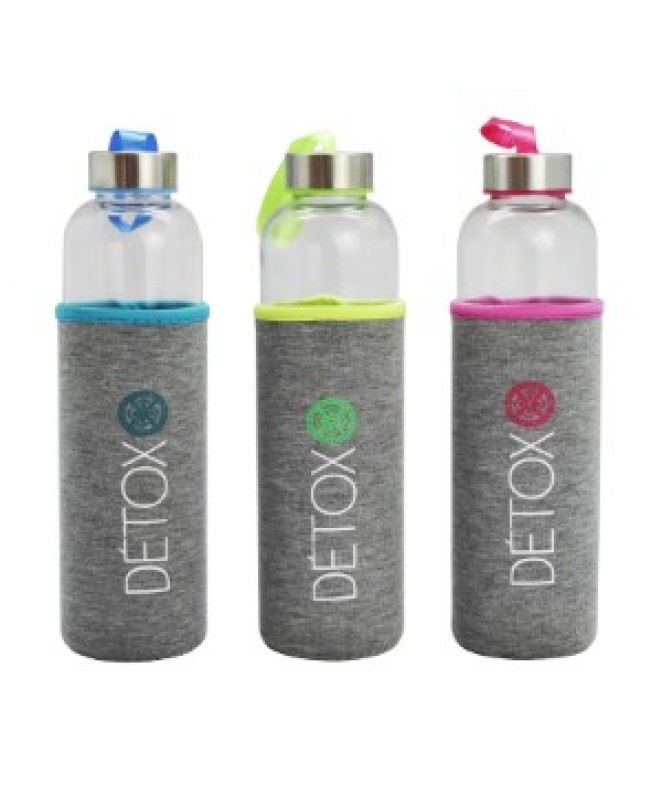 Botella de vidrio c/funda DETOX 600cc - 3 col surt - VIDRIO