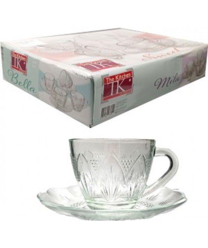 Set x6 tazas+platos vidrio labrado MILA 220cc - JUGUETERIA